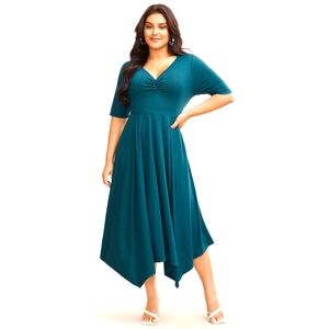 Dress: Solid Ruched Pocket Asymmetrical Hem, Plus